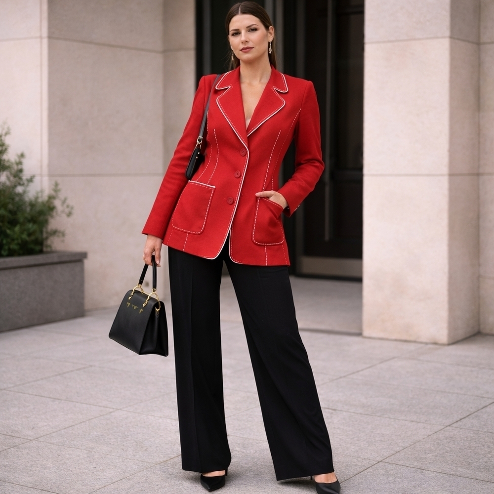 Vintage Mable High Fashion 100% Wool Contrast Stitch Blazer • Tailored Statement